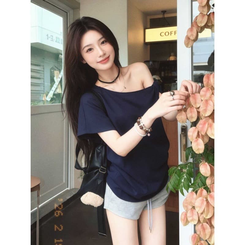 Sexy Casual Off-Shoulder Solid Short Sleeve Women's 2026 Summer Solid Design Niche Loose Asymmetrical Top