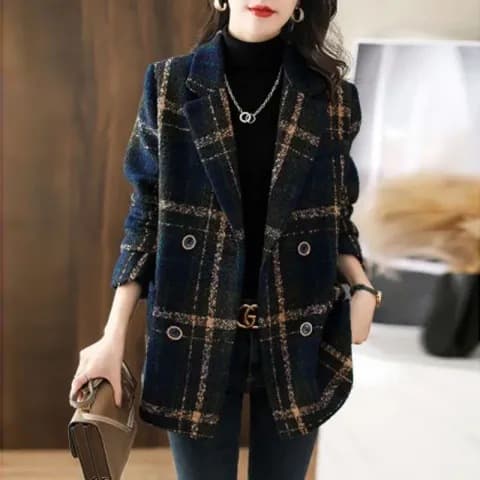 Plus Size Winter Fashion Korean Style Slimming Plaid Patchwork Woolen Women's Coat Retro Design Large Clothing Outerwear