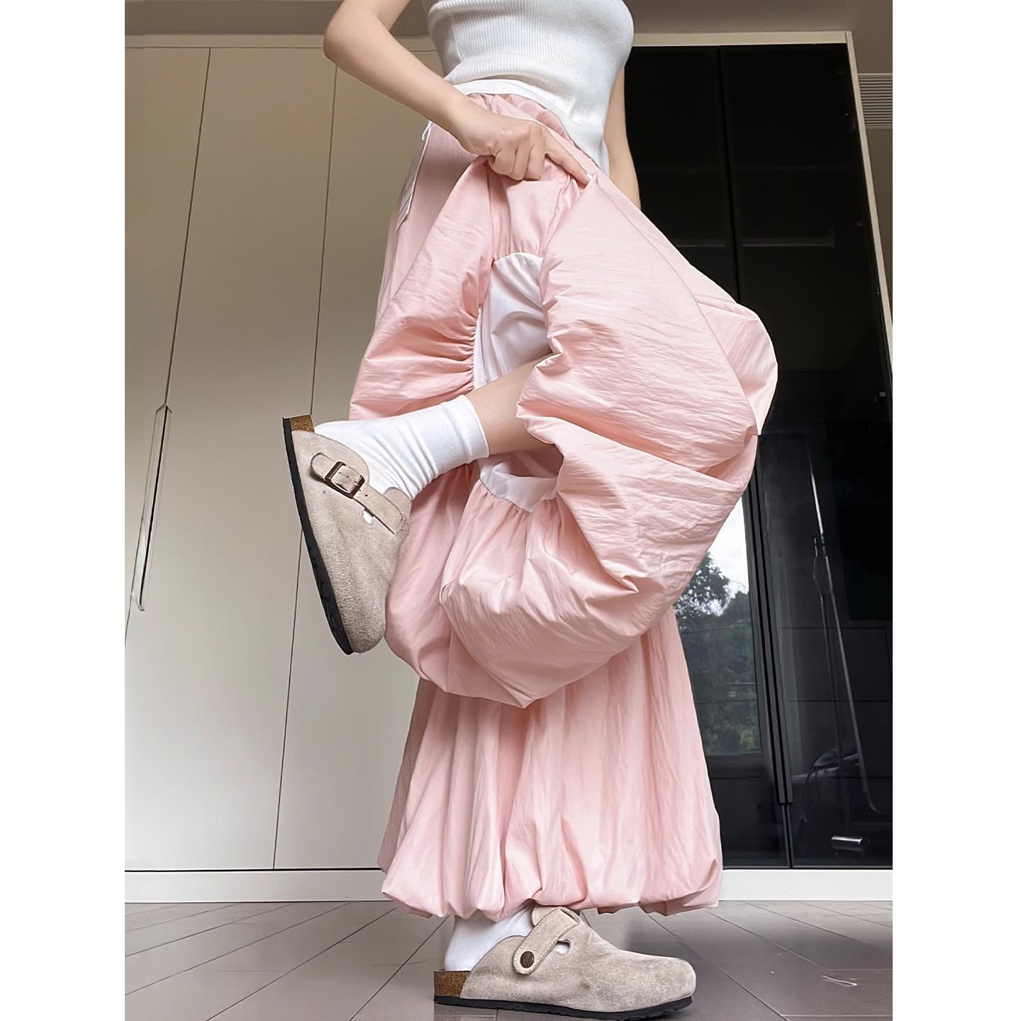 Pink ice silk bud culottes for women summer thin high-waisted drapey bloomers loose casual quick-drying wide-leg pants
