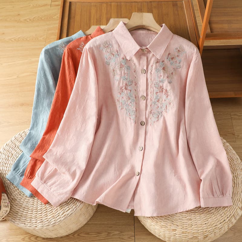 2026 Spring/Fall Real Shot Artistic Retro Cotton-Linen Embroidered Long-Sleeve Shirt for Women, Early Autumn Versatile Top