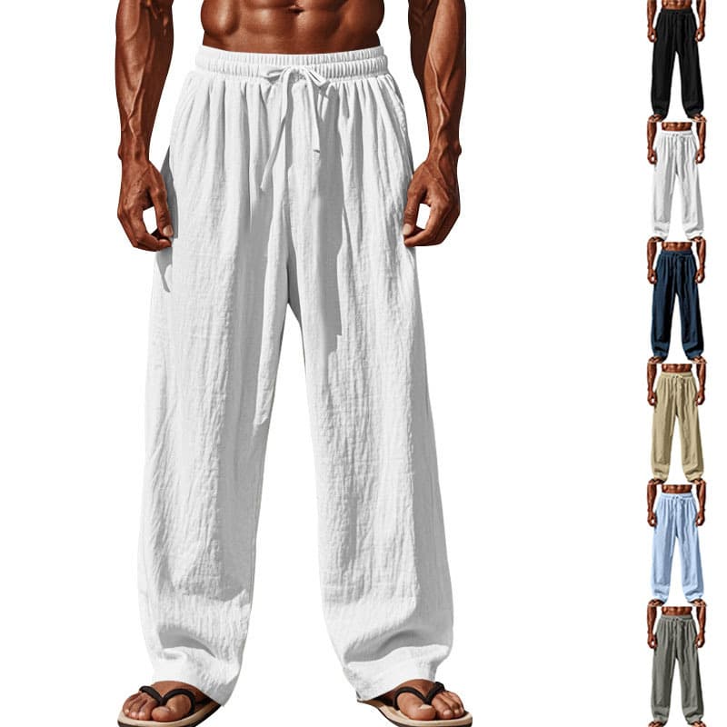 Men's Cross-Border Linen Pants, Summer European and American Style, Plus Size, Straight-Leg Casual Pants, Pleated Drawstring Sports Pants, Wrinkle-Free