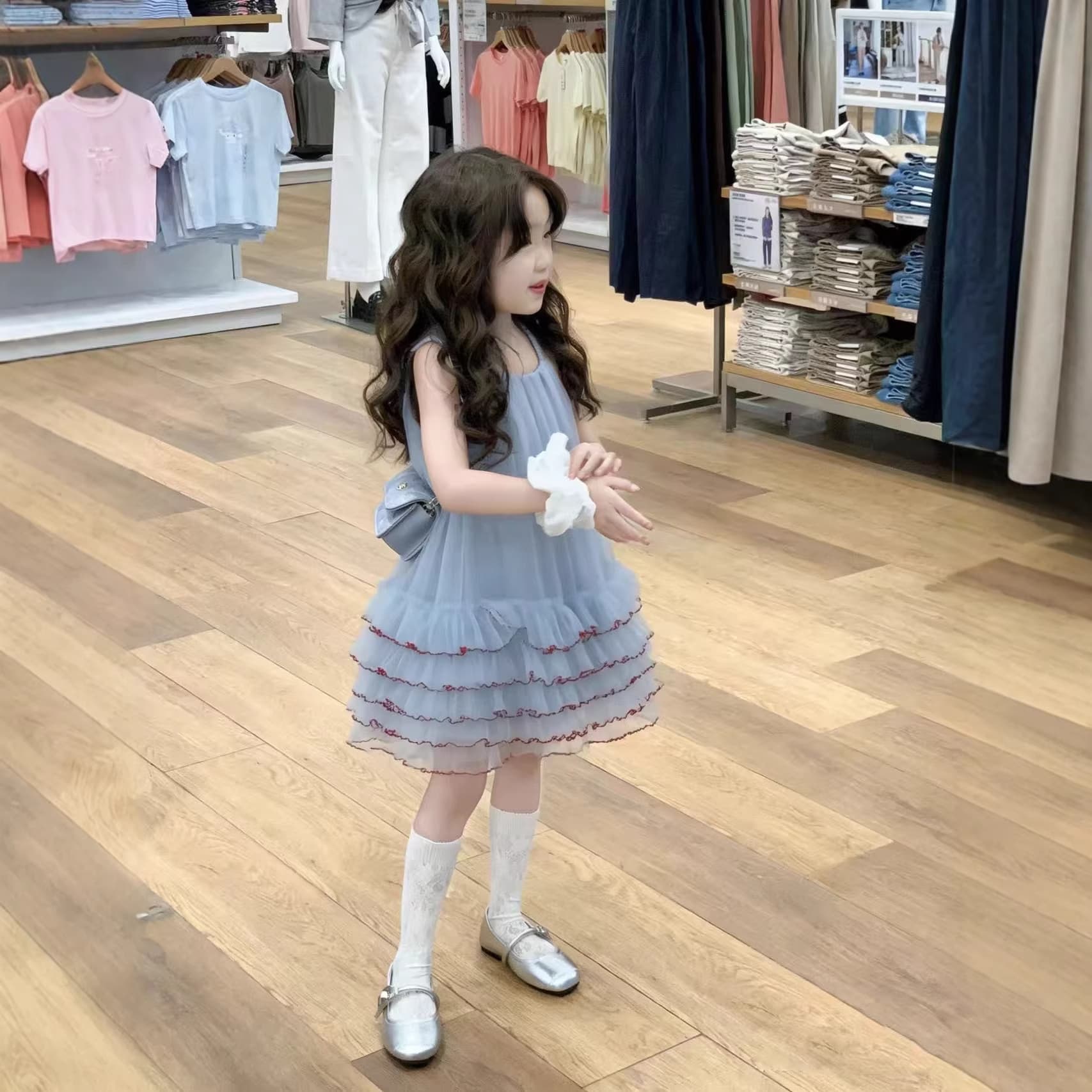 Korean children's clothing girls summer blue dress mesh suspender skirt birthday princess dress five-layer curved edge tutu skirt