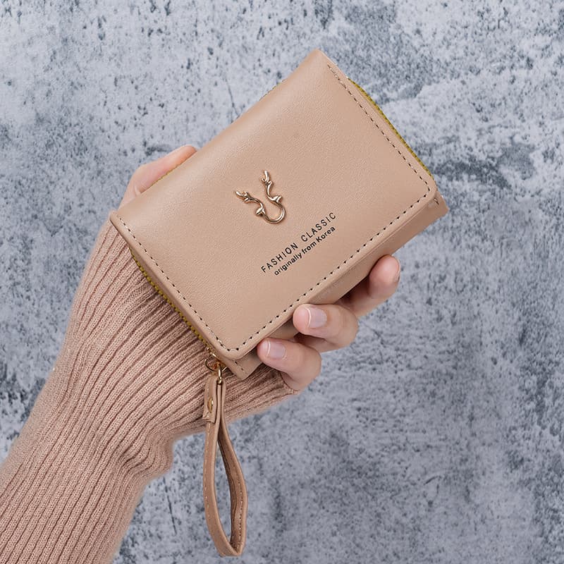 New Women's Wallet PU Leather Short Antler Wallet Mini Zipper Coin Purse Cartoon Tri-fold Buckle Card Holder