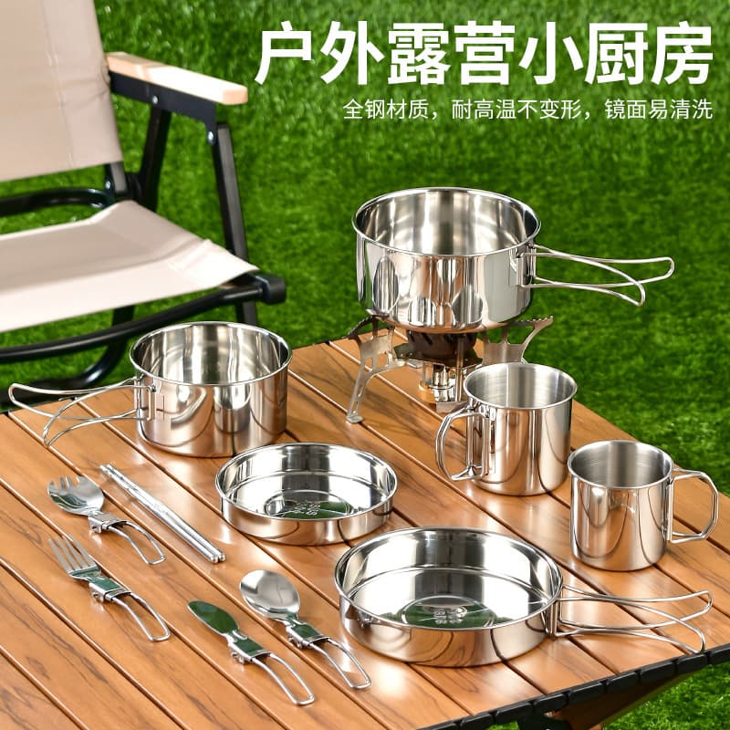 304 Stainless Steel Outdoor Kitchenware Set, Outdoor Pot Set, Camping Cookware, Portable Camping Pots and Tableware