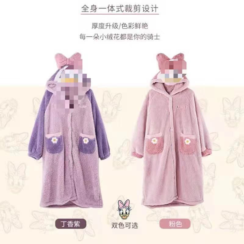 Winter Sleepwear for Women Hooded Thickened Coral Fleece Long Bathrobe Cute Loungewear Casual Style