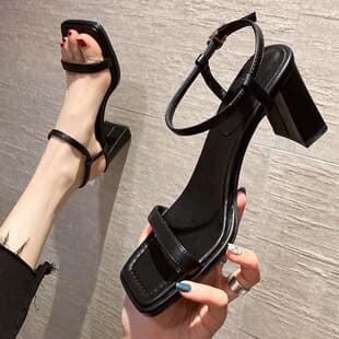 Soft Leather 2026 New Style Elegant High Heels Square Toe Single Strap Chunky Heel Roman Sandals Women Mid Heel Summer Black