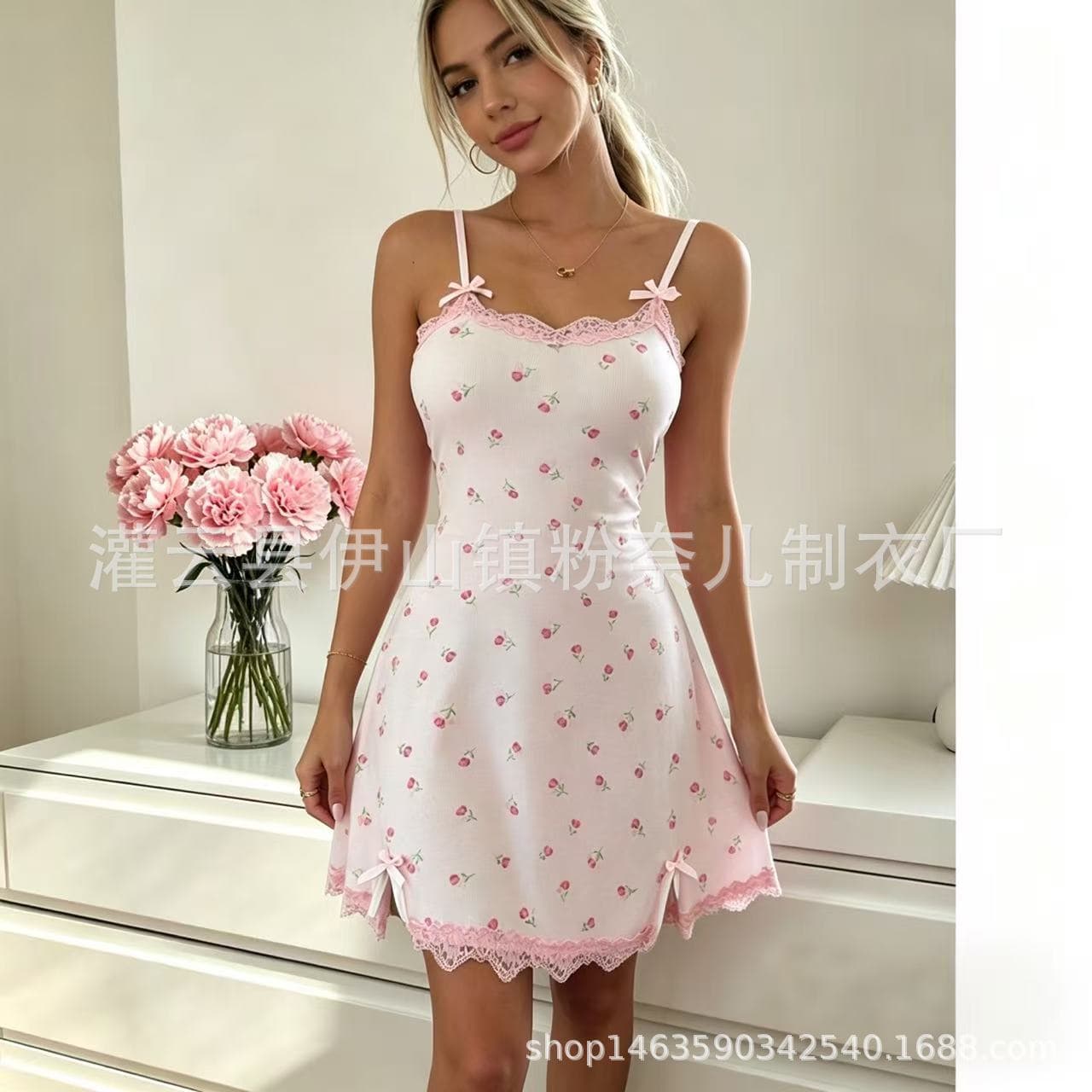 2026 New Home Camisole Nightgown Lace Trim Print Slip Dress Homewear 5033