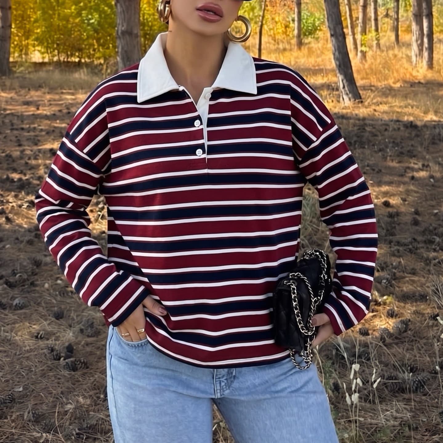 American Vintage Cross-Border Women's Striped Long-Sleeve T-Shirt Polo Contrast Collar Loose Casual Long-Sleeve Top
