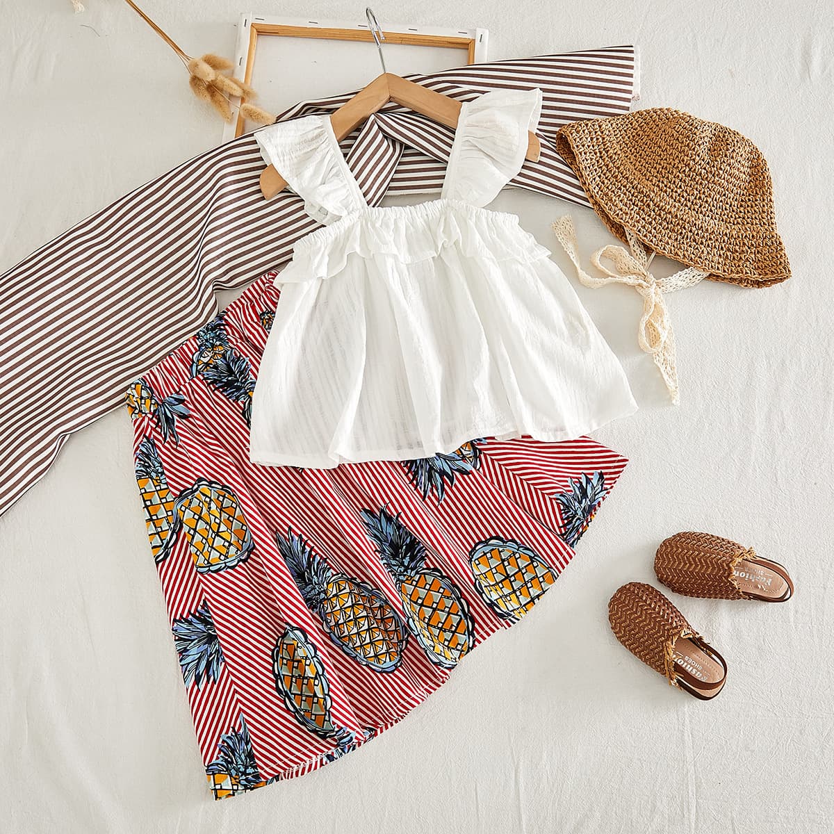 Korean Style Girls Kids Summer 2023 New Arrival Ruffle Trim Vest and Long Dress Two-Piece Set 5800