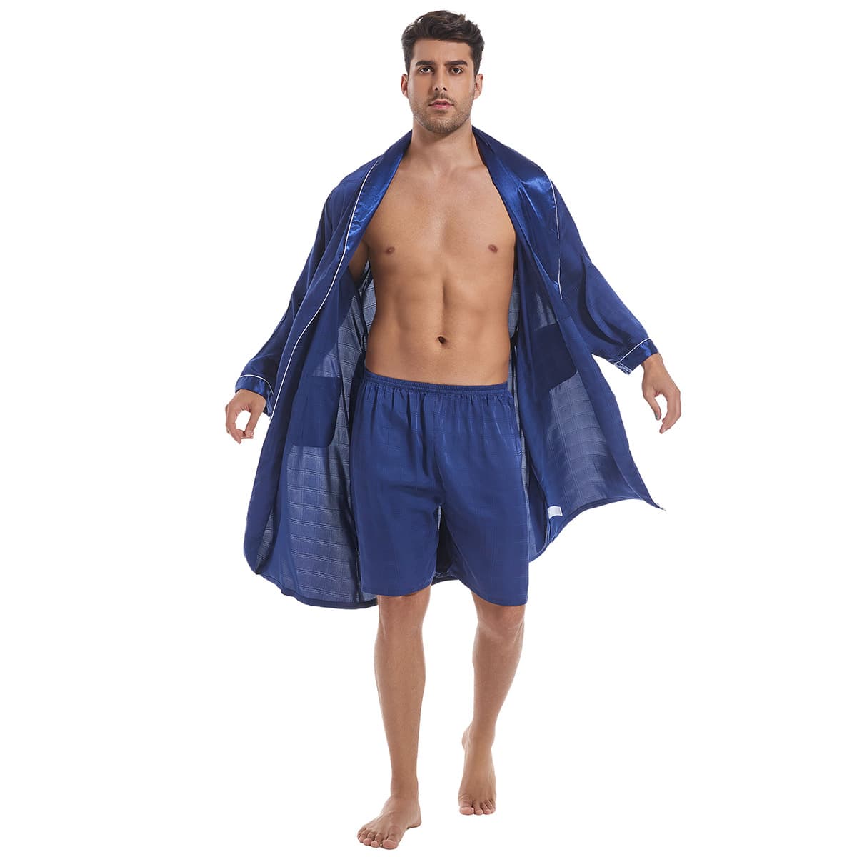 Cross-border European and American Style Summer Men's Satin Chiffon Bathrobe Silk Long Sleeve Robe Men's Summer Plus Size Pajama Set