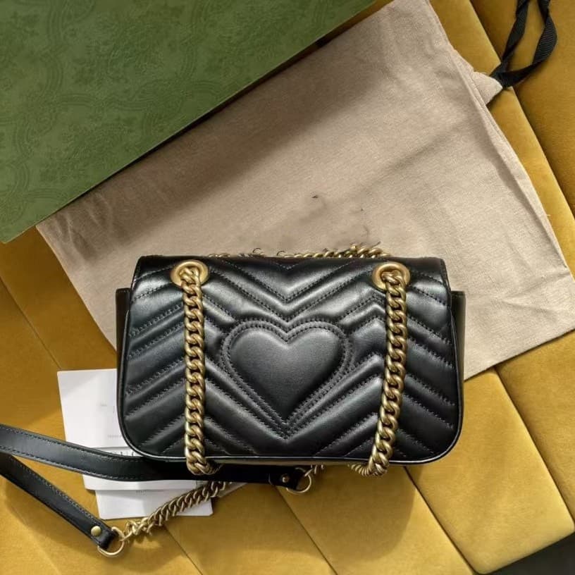 Wholesale Gucci Women's Black Shoulder Bag Gucci Heart Bag Top Layer Cowhide Factory Stock Guangzhou Double G Bag