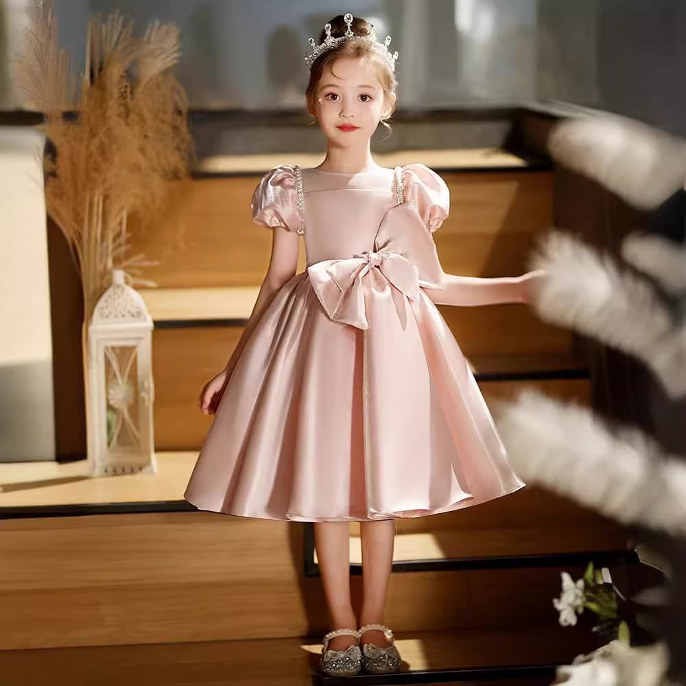 Girls' Formal Dress Pink Satin Bow Princess Dress for Little Hosts Piano Performance Runway Show Factory Direct