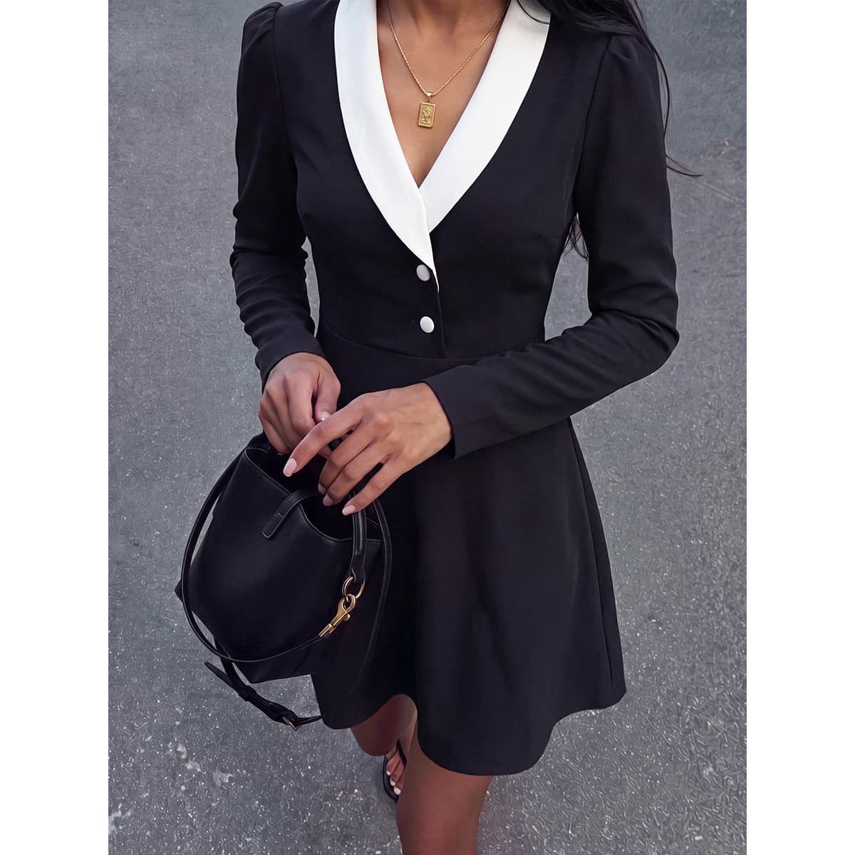 Hepburn Style Black and White Contrast Color Lapel Dress Women's Long Sleeve Waist A-Line Skirt Commuting Temperament Little Black Dress