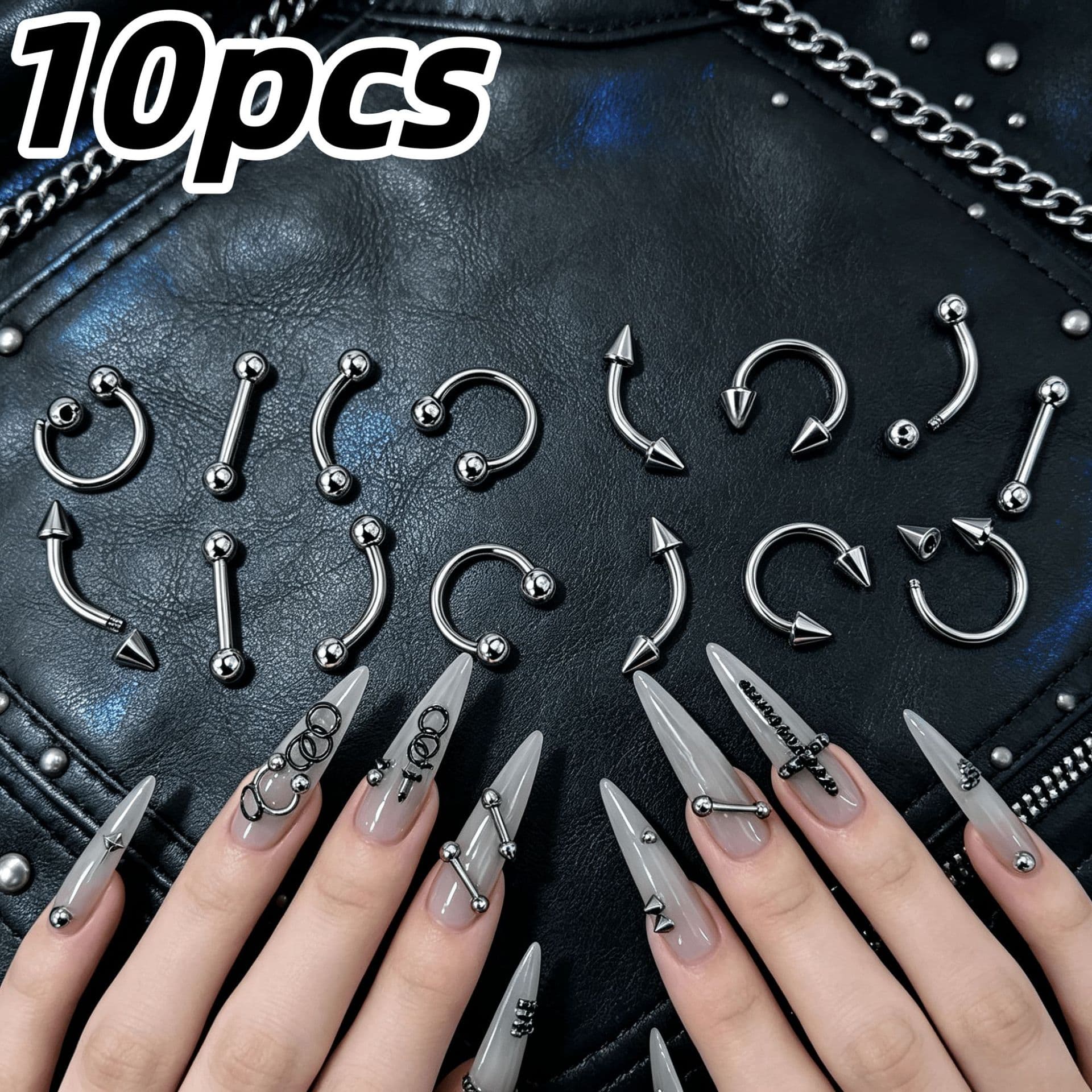 10-Piece Punk Alloy Jewelry Removable Piercing Gothic Subculture Cool Rivet Nail Art Decoration Accessories