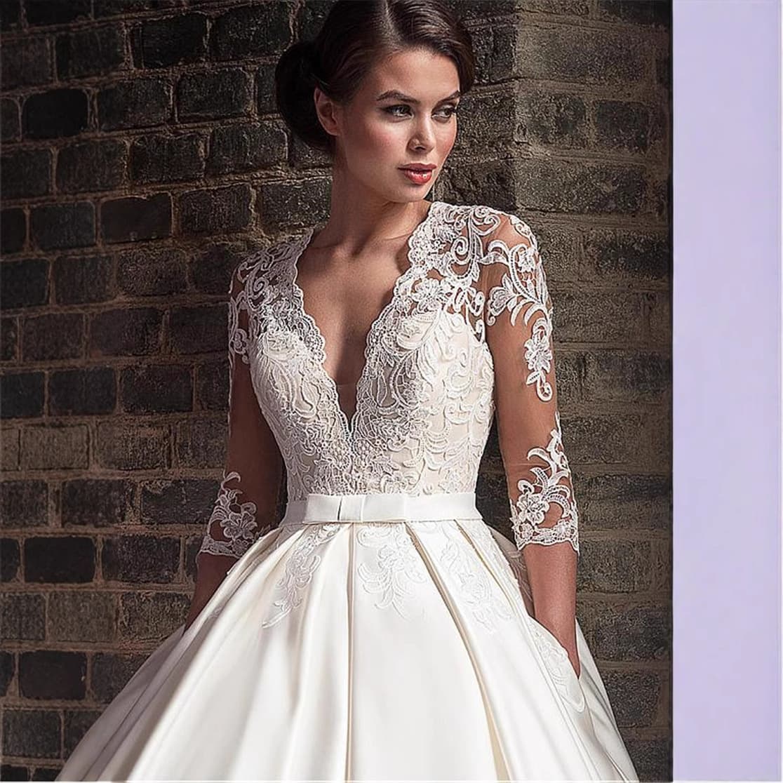 European and American Deep V 3/4 Sleeve Lace Wedding Dress High Waist Vintage Bride Outdoor Wedding Simple Main Wedding Dress Wholesale