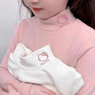 Children's Double-Sided De Velvet Autumn/Winter Undershirt Girls Sweet Kitty Cat Print Half High Neck Warm Top Trendy