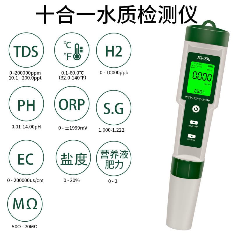 10-in-1 Water Quality Testing Pen for pH/TDS/EC/Salinity/SG/ORP/Hydrogen-rich/Resistivity/Temperature/Nutrient Solution