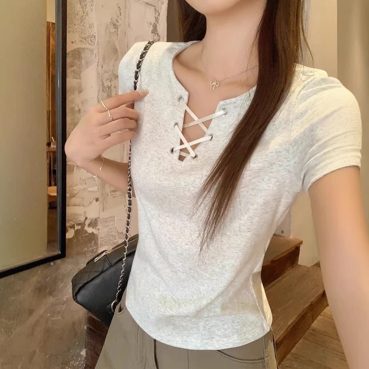 Wild Beauty Summer Tie-Strap Design Cotton Short-Sleeve T-Shirt for Women, Niche Trendy Slim-Fit Flattering Top