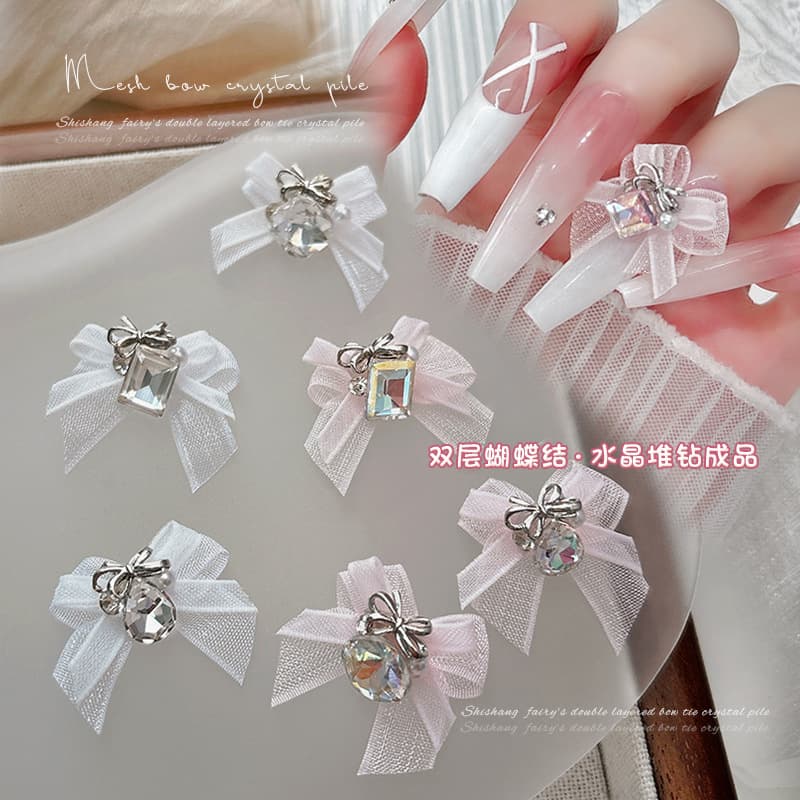 Organza Bow with Rhinestones Nail Art Decoration New Pure White Pink Bow Finished Large Diamond Internet Celebrity Hot Style