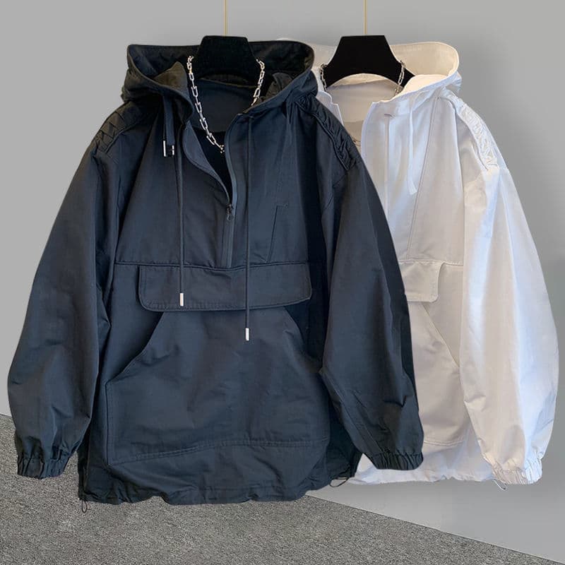 Trendy Brand Men's Lightweight Loose Fit Hooded Sun Protection Jacket Pocket Design Casual Spring Autumn Fashion Outerwear
