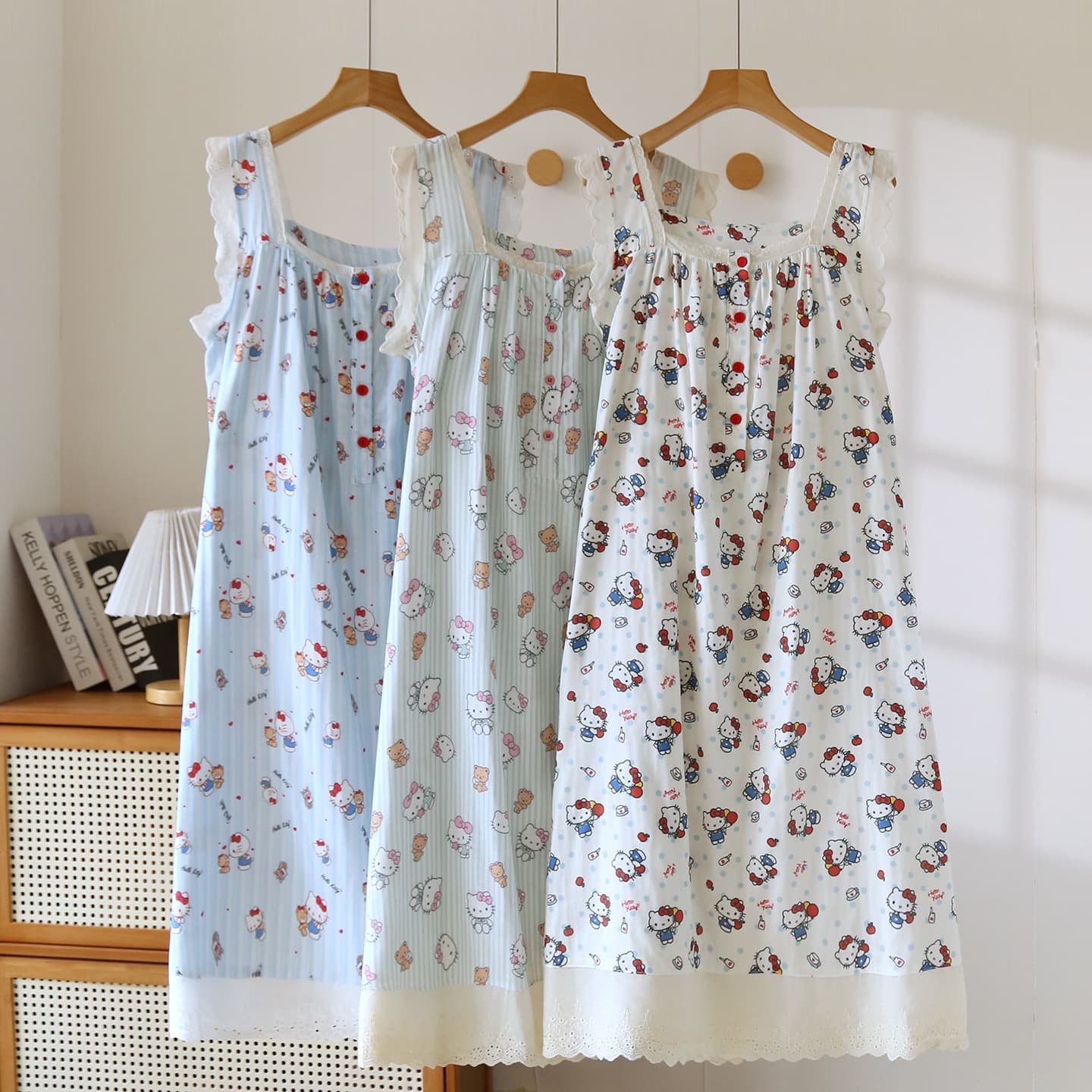 New Summer Cotton Gauze KT Series Simple Sweet Camisole Sleep Dress for Women, Sweet and Cute Pure Cotton Pajama Midi Dress