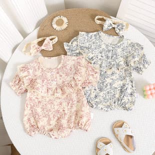 Baby Summer Chinese Ink Painting Princess Bodysuit Newborn Girls 100 Days Cotton Short Sleeve Romper