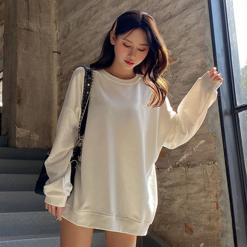 Hong Kong Style Ins Pure Color Slim Fit Sexy Round Neck Sweatshirt Long Sleeve T-Shirt Women's Loose Layering Top Couple Shirt