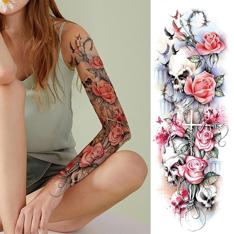 Tqb Cross-Border Full Arm Tattoo Stickers for Men and Women, Large Flower Arm Tattoo, Hannya Geisha Tattoo, Black and White Color Qb Tattoo Stickers