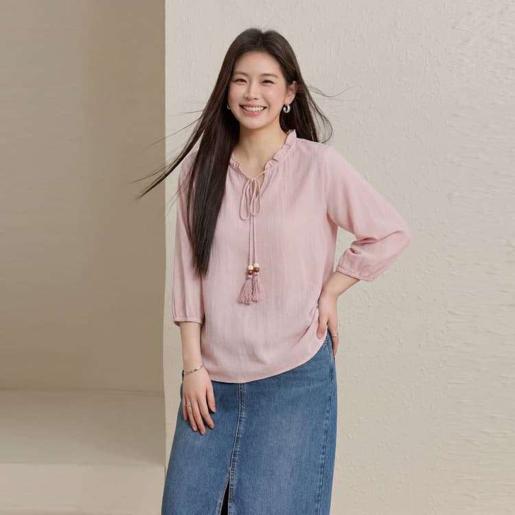 Sea Breeze Glimmer Linen Blend Ruffled Lightweight Shirt Xianlixiu Plus Size Women's Summer New Arrival