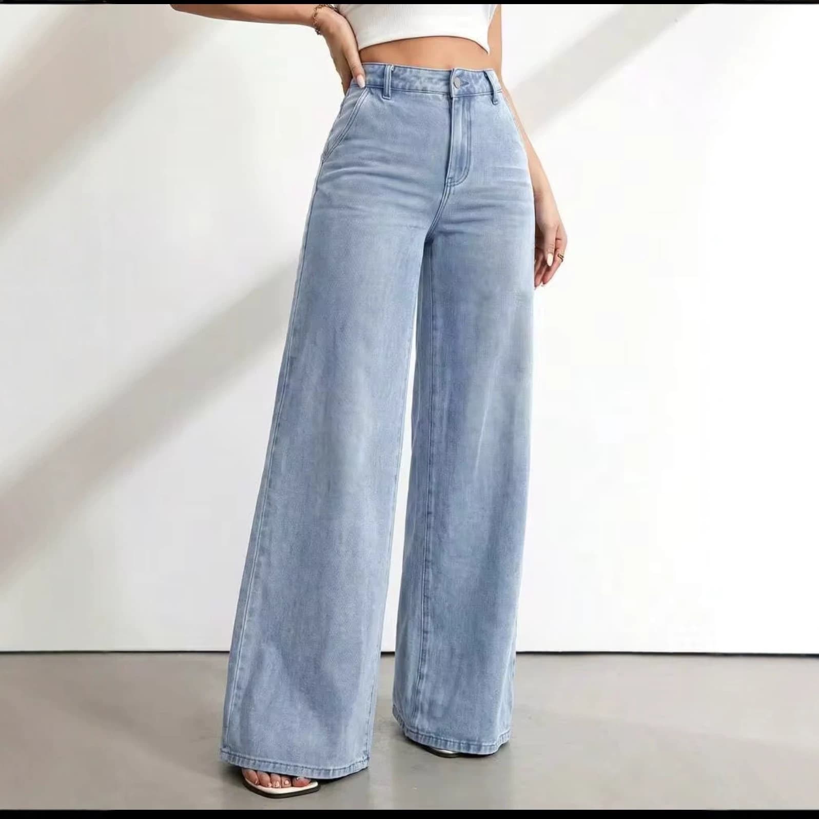 Overseas light blue washed wide-leg jeans for women, high-waisted loose drape straight floor-length trousers