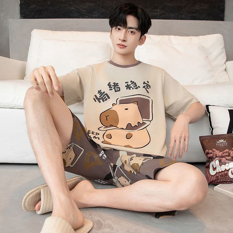 Men's Pajamas Men's Summer Cartoon 2026 New Short Sleeve Shorts Thin Large Size Youth Home Clothes Set