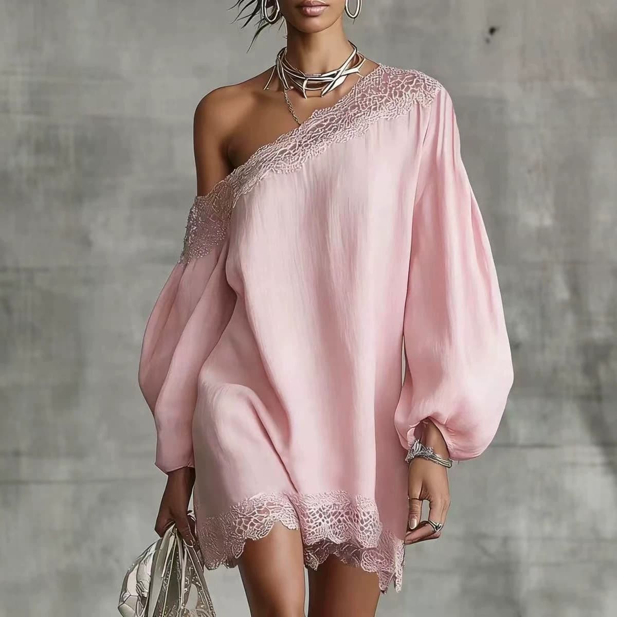 Cross-border TikTok Europe and America Hot Selling Women's Summer New Solid Color Lace Trim Off-Shoulder Long Sleeve Casual Top
