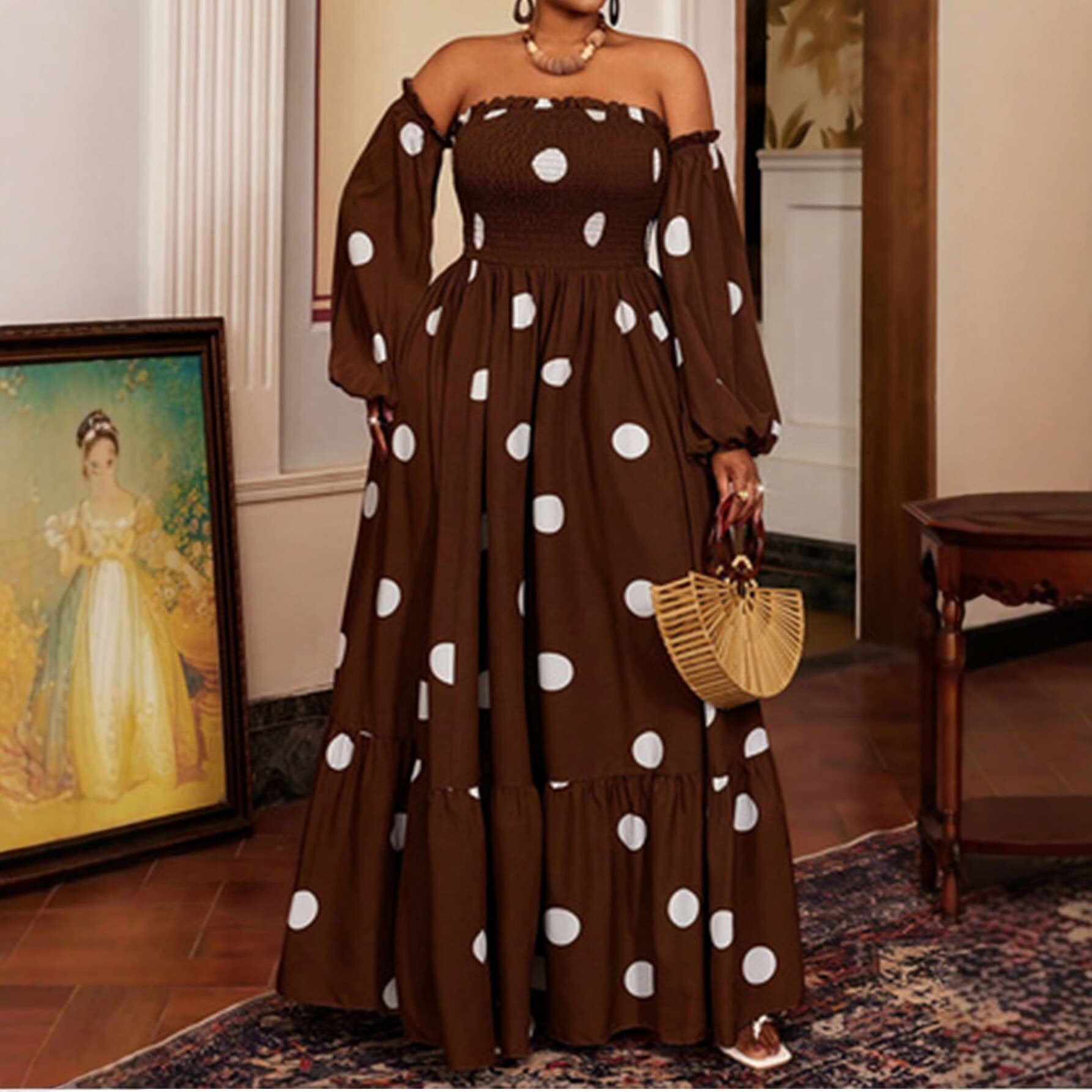 Cross-border European and American foreign trade plus size polka dot tube top mid-length dress off-shoulder contrasting puff sleeves and waisted holiday dress