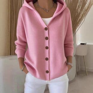 Cross-Border Trade European American Style Autumn Winter New Hooded Knitted Cardigan Women Solid Color Casual Fashion Sweater Coat