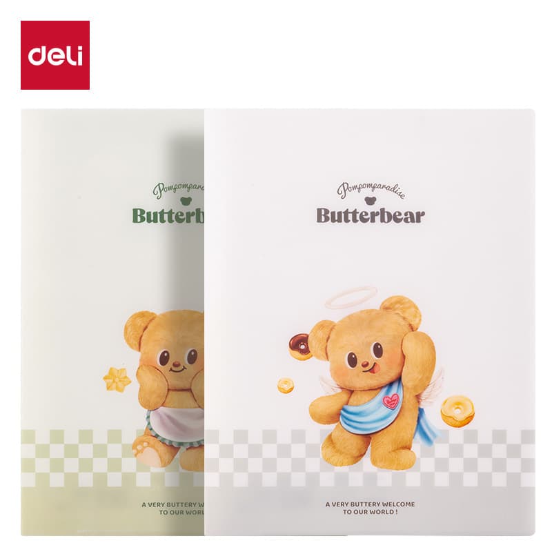 Deli HY605 Butter Bear 4-in L-shaped file sleeve transparent single-chip file storage two-page folder