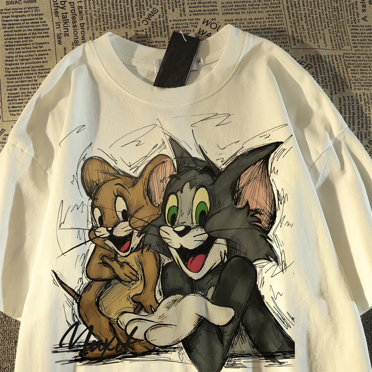 Large vintage oversized cute Tom cat short sleeve t-shirt for women and men, summer trendy brand new casual couple top