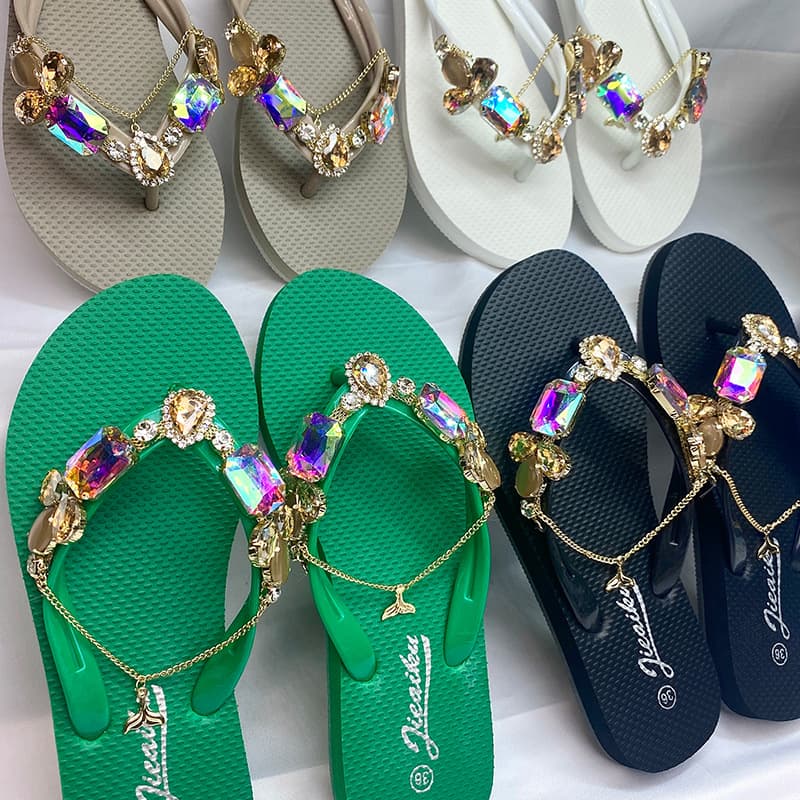 Large Size Summer New Rhinestone Small Tail Flip-Flop Slippers for Women Outer Wear Flat Beach Holiday Casual Flip-Flop Slippers