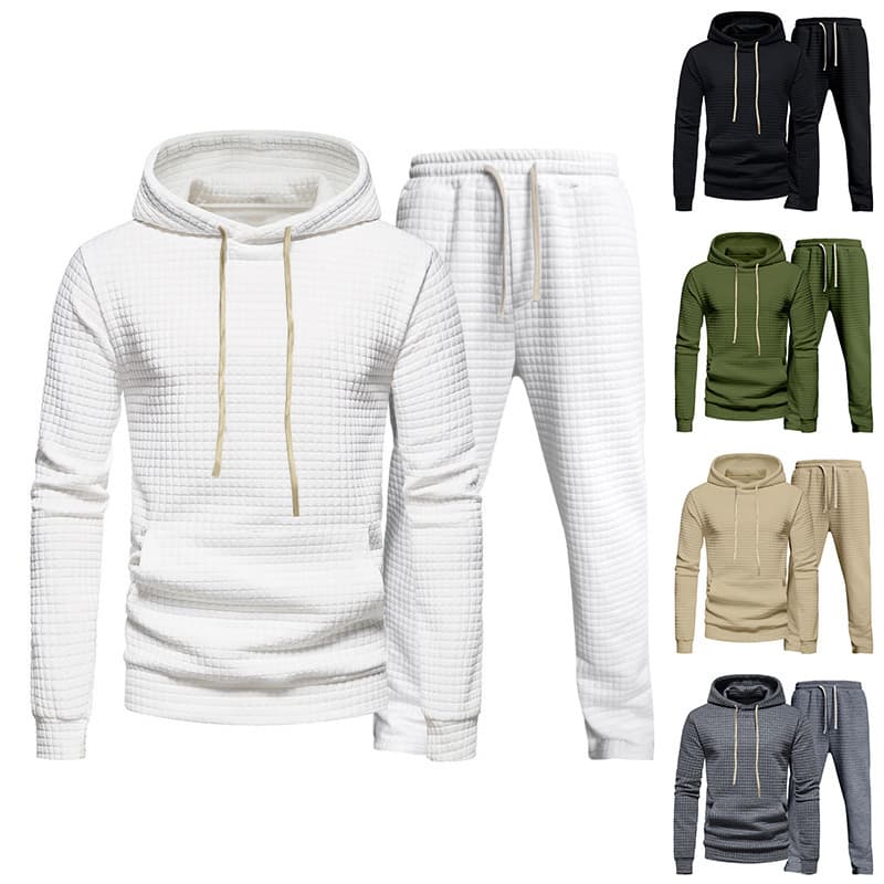 2023 cross-border Amazon autumn men's jacquard small square hooded sweatshirt trousers casual sports men's suit