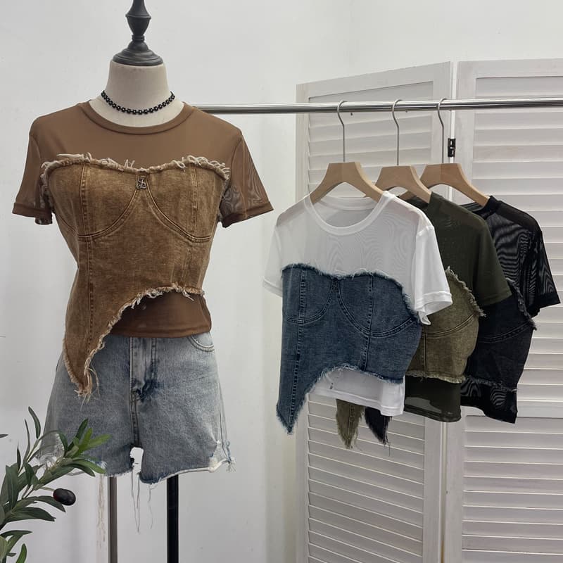 Real Shot Denim Stitching Mesh Short Sleeve T-Shirt Summer Fashionable Irregular Short High Waist Slim Top 26171