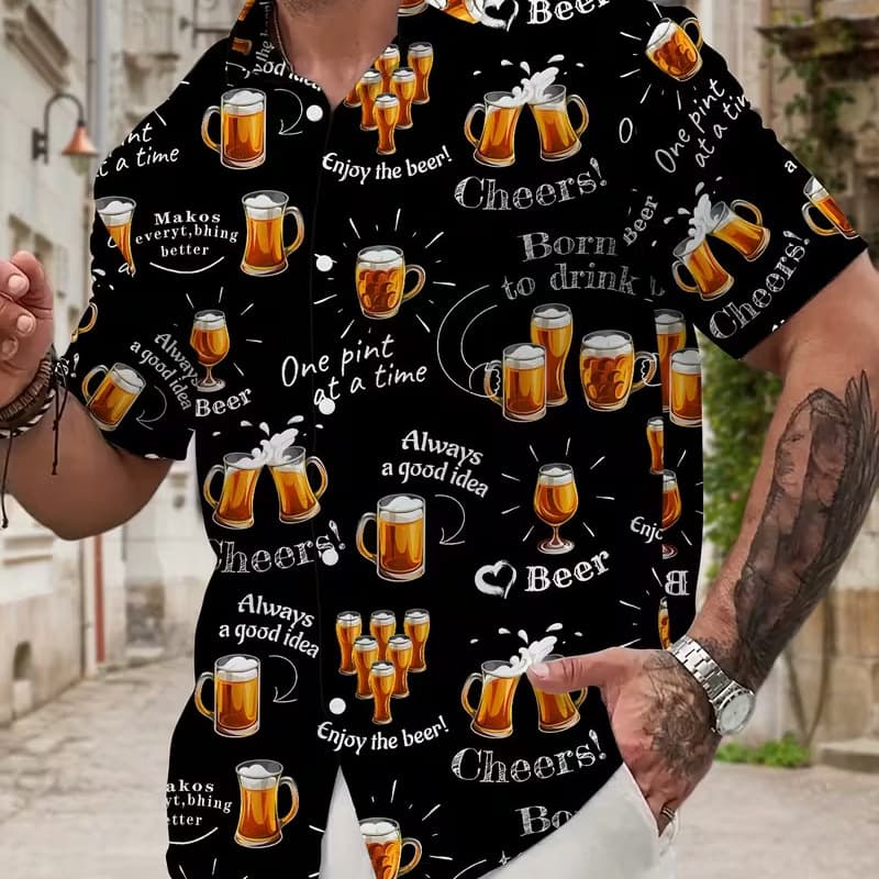 2026 European and American Cross-Border Trade Beer 3D Digital Print Shirt Men's Loose Hawaiian Style Short Sleeve Floral Shirt