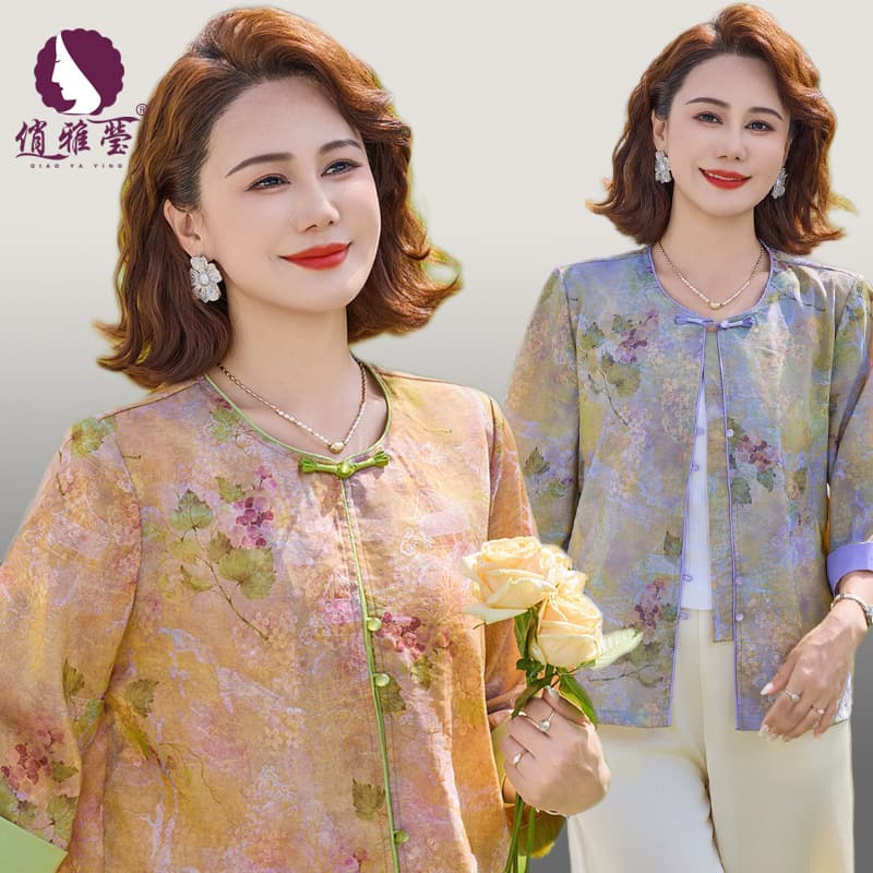 Qiao Yaying middle-aged and elderly women's shirts 2026 summer clothes printing new Chinese cardigan Chinese style mother's dress small shirt