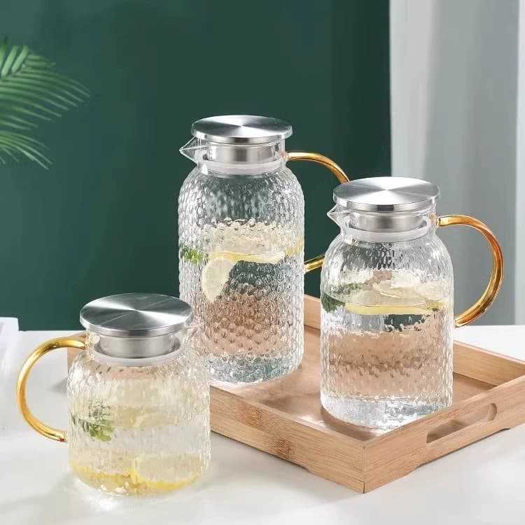 Large Capacity Glass Cold Water Pitcher with Rice Grain Pattern, Heatable, White Opening Water Cup Set, Wholesale for Home Use