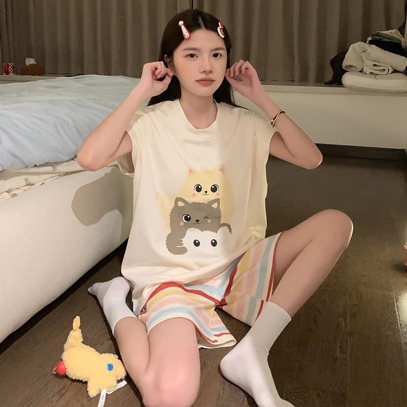 Sleeveless Vest Shorts Pajamas Women's Pure Cotton Cute Cat Summer Thin Teen Girls' Lounge Wear Set