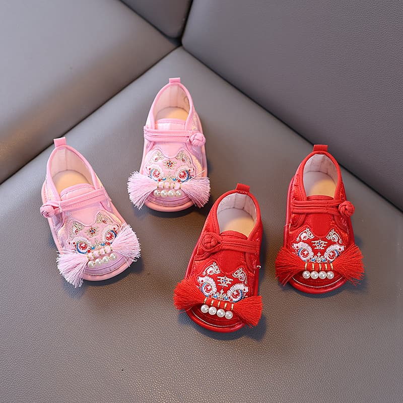 Baby Girl Hanfu Shoes for First Birthday, Traditional Chinese Tang Suit Shoes, Crawling Shoes, Soft Sole Cloth Shoes, Tiger Head Shoes