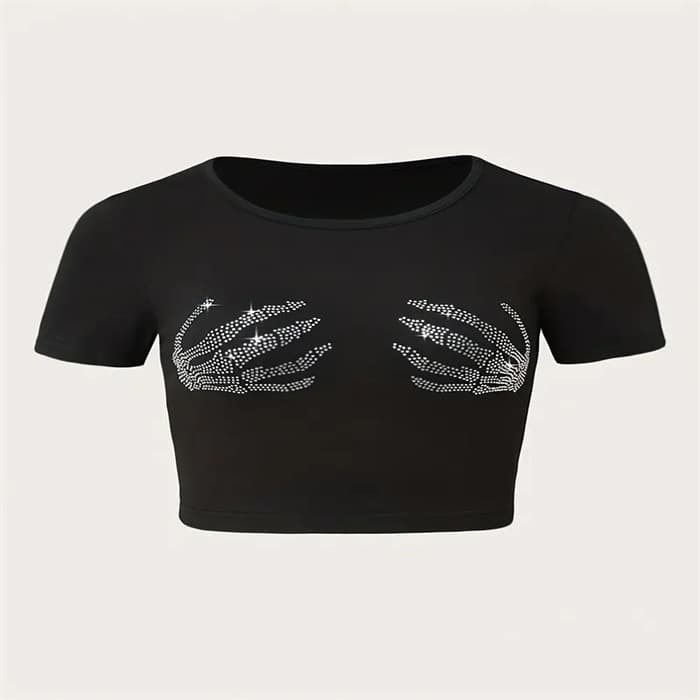 Street Style Short Sleeve T-Shirt Round Neck Print Women's Top Belly Button Exposure Polyester Fabric 3D Effect Streetwear