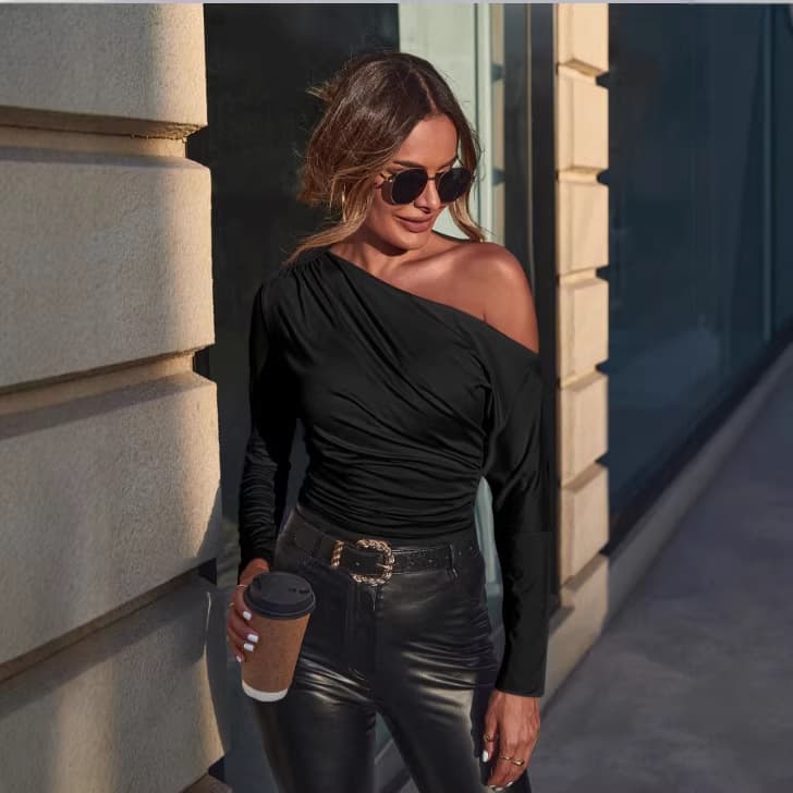In Stock 2026 Cross-Border Amazon Best-Seller Off-Shoulder Long-Sleeve Fitted Top Solid Color Casual T-Shirt