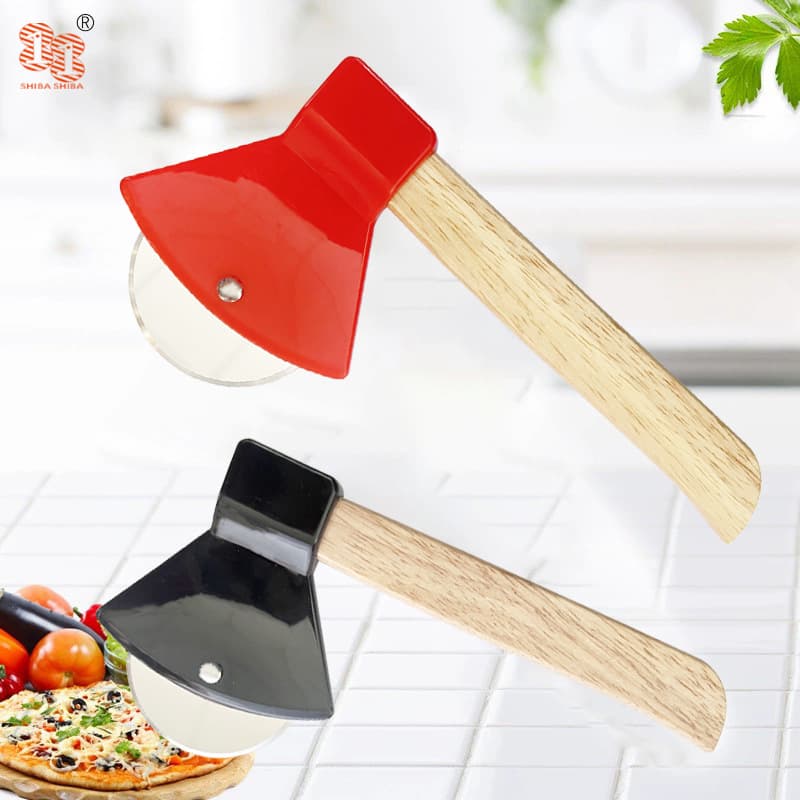 Paoyi Axe-shaped Stainless Steel Pizza Cutter - Oak Handle Single Wheel Pizza Slicer and Baking Gadget