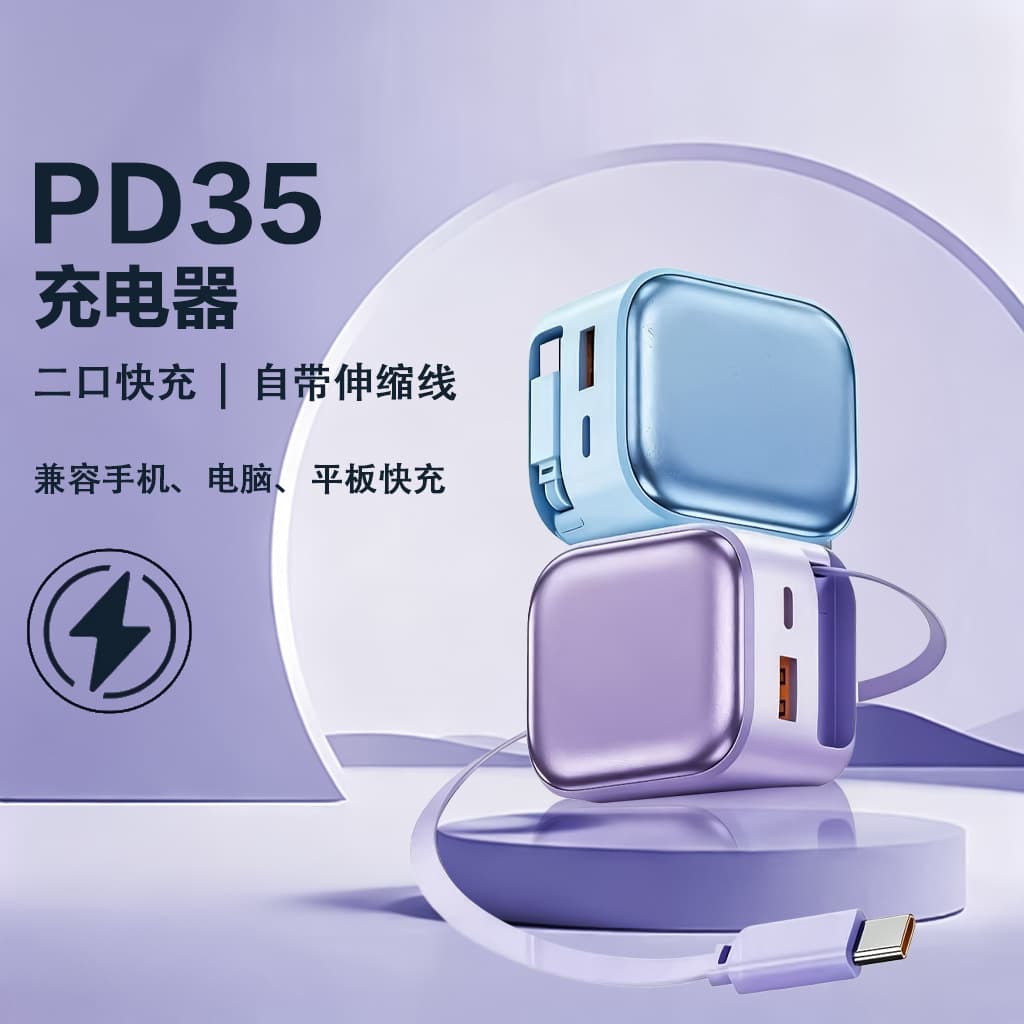 Compatible with 35W GaN Charger, A+C Multi-Port Fast Charger, Built-in Retractable Cable for Huawei Phone Charger