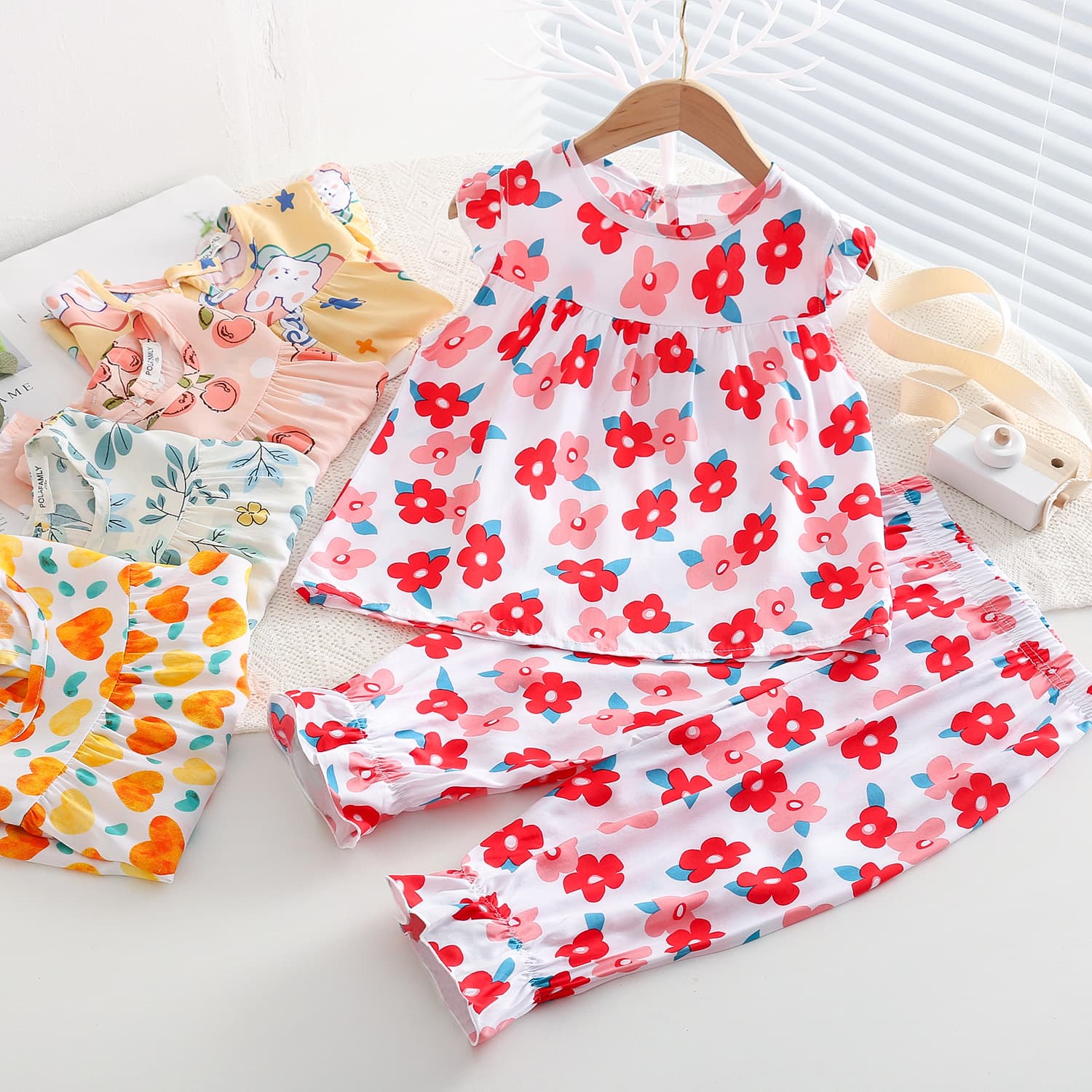 Fashionable Children's Clothing 2026 Summer New Kids Cotton Silk Set for Girls Thin Rayon Flutter Sleeve Two-Piece Set