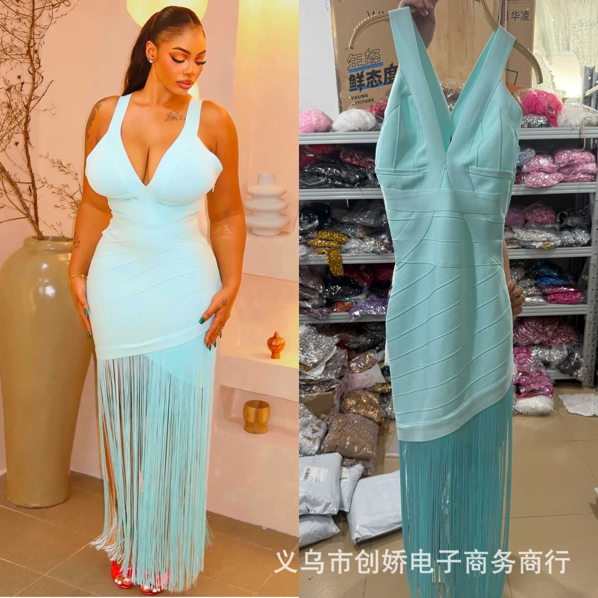 Cross-border wholesale mint blue V-neck backless splicing tassel long bandage skirt holiday party fashion dress